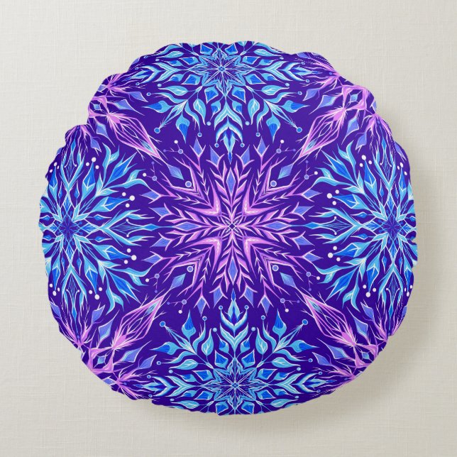 Ljuskristallfärgat snöflingor rund kudde (Framsidan)