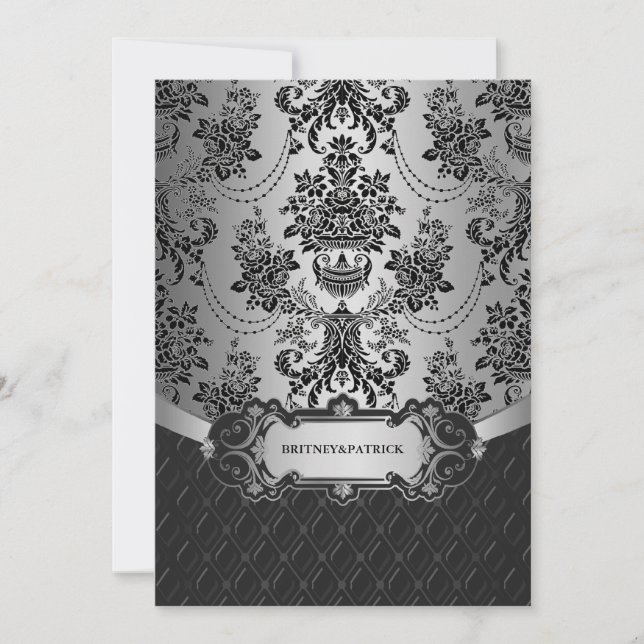 Ljuskrona Silver Svart Damask Bröllopsinbjudningar Inbjudningar (Framsida)