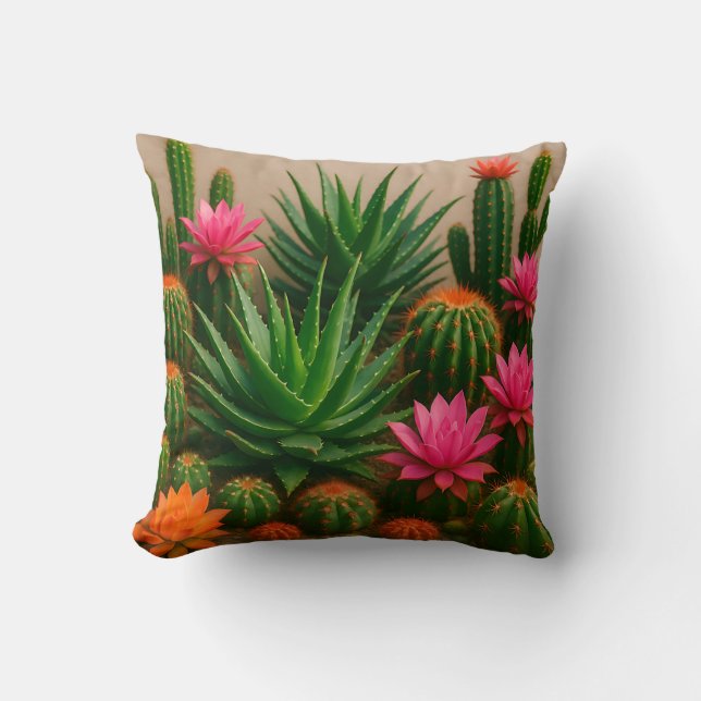 Ljuslevande Cactus Sukkulent Blomning Öken Kudde (Framsida)