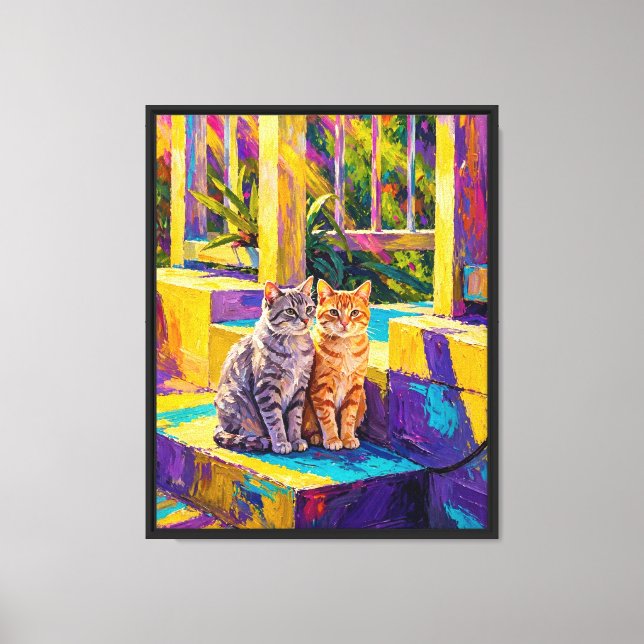 Ljuslevande Impressionistisk Två Katter Solbelyst  Canvastryck (Framsida)