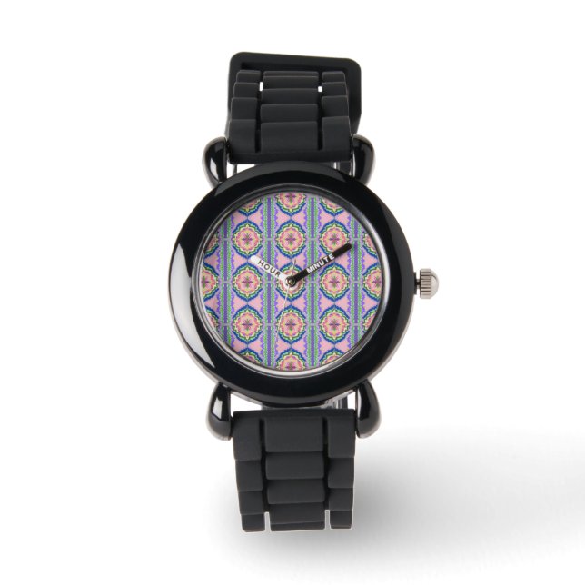 Ljuslevande Kalejdoskop: Rosa & Smaragd Mandala Armbandsur (Framsida)