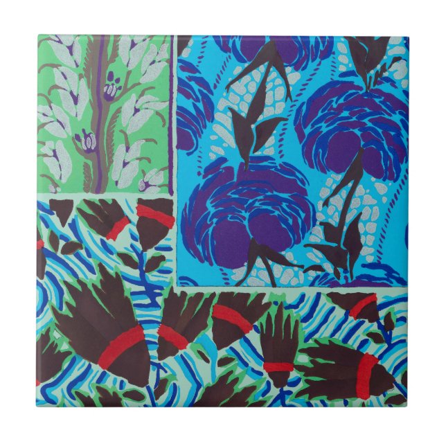 Ljuslevande Maximalistisk Blå & Grön Blommig Konst Kakelplatta (Framsidan)