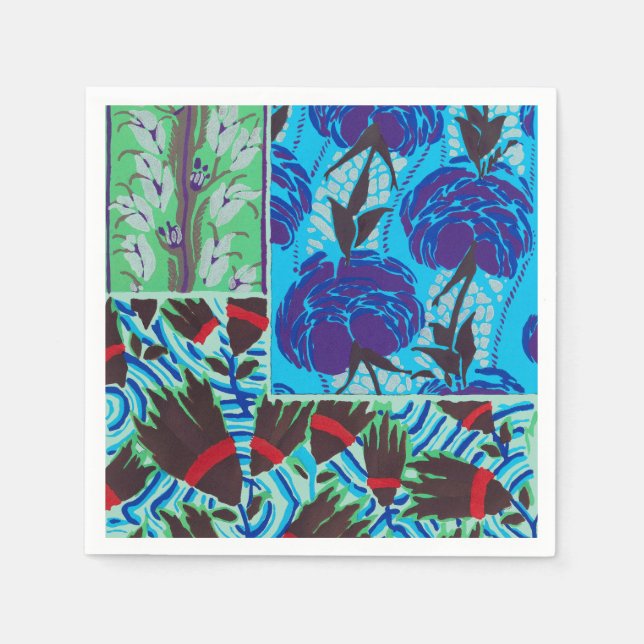 Ljuslevande Maximalistisk Blå & Grön Blommig Konst Pappersservett (Framsidan)