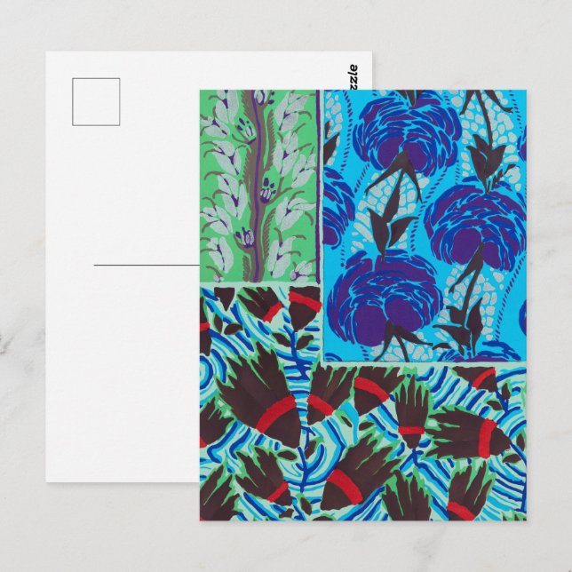 Ljuslevande Maximalistisk Blå & Grön Blommig Konst Vykort (Fram/baksida)