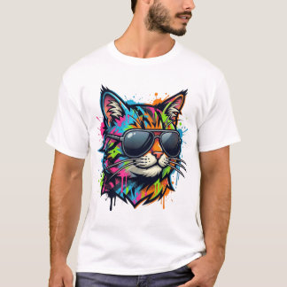 Ljuslevande neon gatuartkatt med solglasögon t shirt