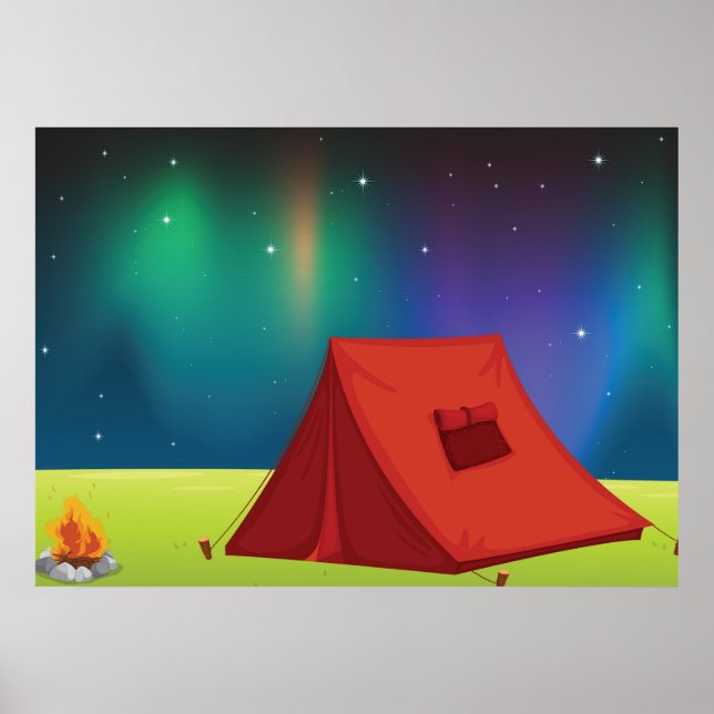 Ljuslevande Norrskens Camping Tält Natt Poster (Framsidan)