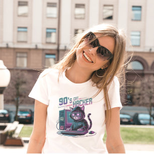 Ljuslevande Retro 90-tals Katt Hacker T-Shirt