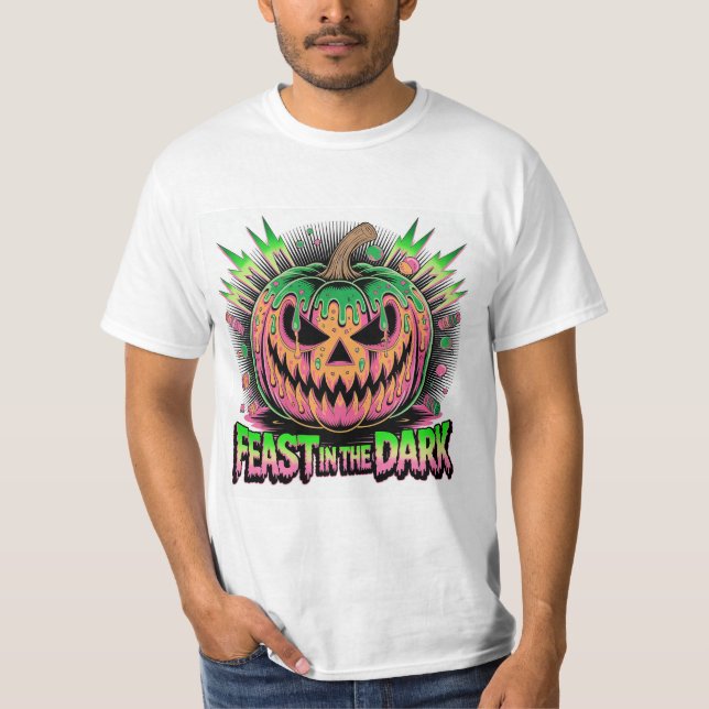 Ljuslevande Skräckig Pumpa Pop Art T Shirt (Framsida)