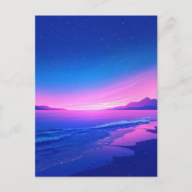 Ljuslevande stjärnklar natt Rosa strand Vykort (Framsida)