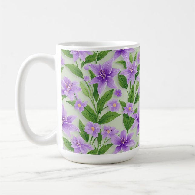 Ljuslila liljor med gröna blad kaffemugg (Vänster)