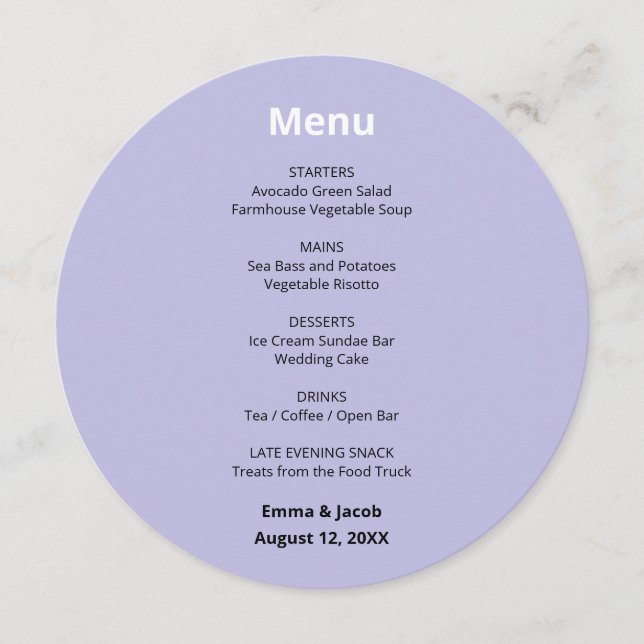 Ljuslila Modern Vit Bröllops Rond Menu Meny (Framsida)