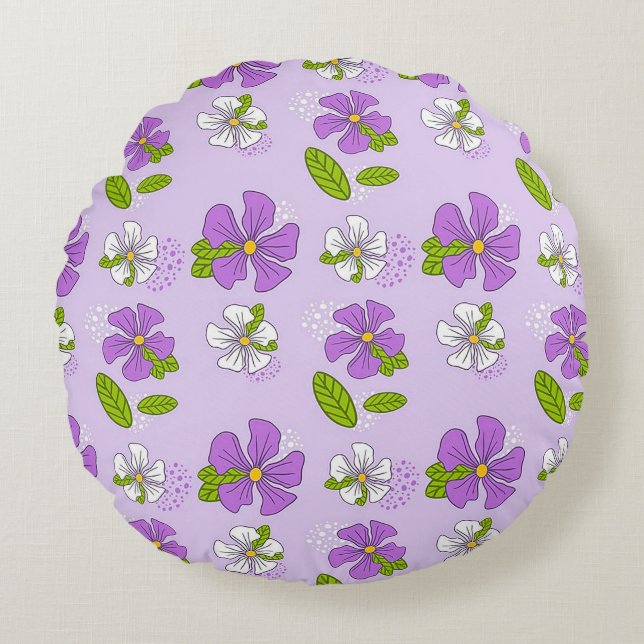 Ljuslila och vita blommor rund kudde (Framsidan)
