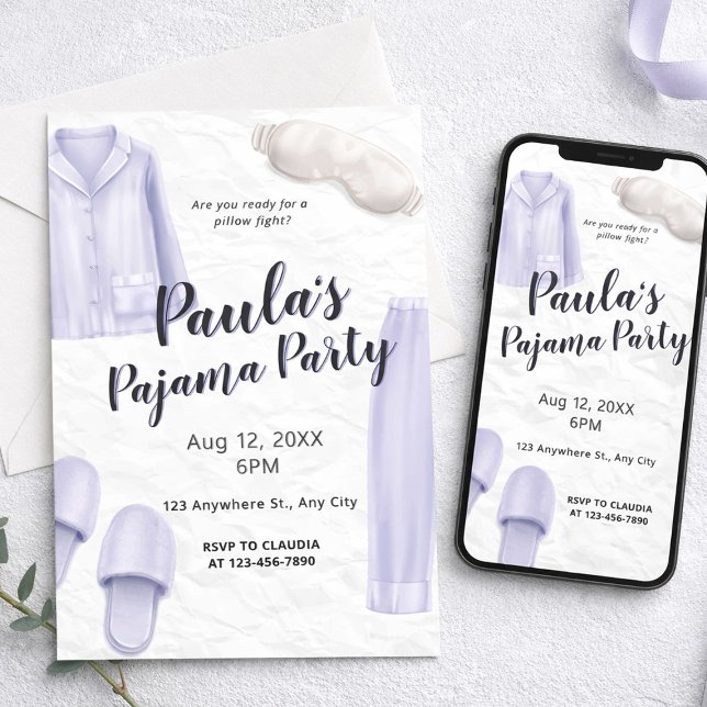 Ljuslila Pyjamasparty för Tjejer Inbjudningar (Light Purple Girls Sleepover Pajama Party Invitation, Girls Birthday Theme)