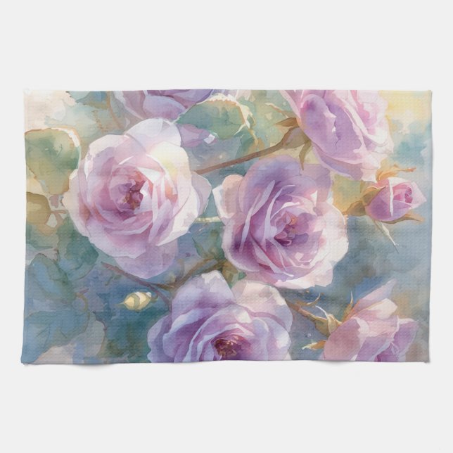 Ljuslila rosor impressionistiska blommor kökshandduk (Horisontell)