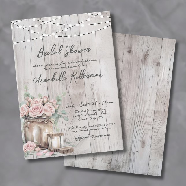Ljuslyckta i rustikt trä till lanthustru-bryllopsf inbjudningar (Rustic Wood String Lights Country Bridal Shower Invitation )