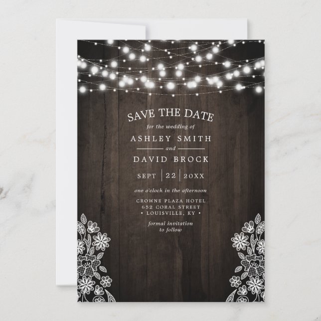 Ljuslyckta med spets och trä rustik Save The Date Spara Datumet (Framsida)