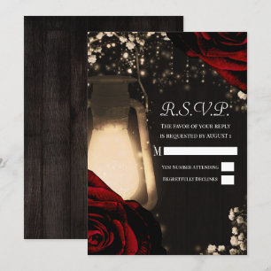 Ljuslykta i Rustic Glow och mörkröda rosor bröllop Inbjudningar