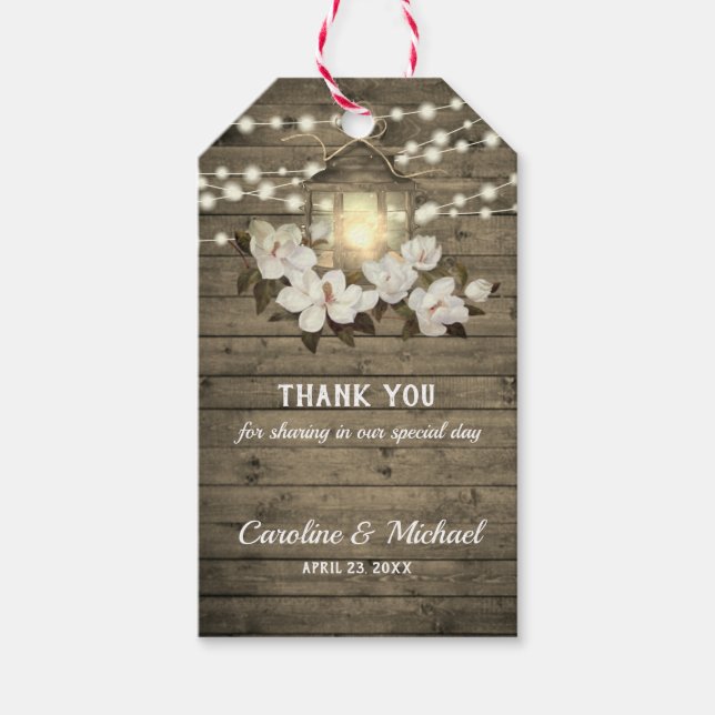 Ljuslykta i rustic wood med magnolia - bröllopslju presentetikett (Framsidan)