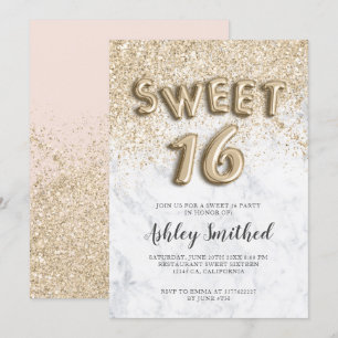 Ljusmarmor guld glitter brev sweet sixteen inbjudningar