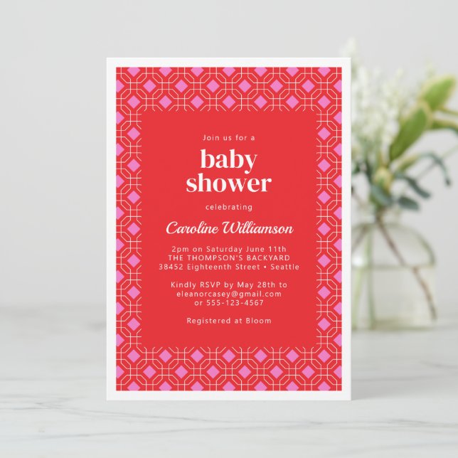 Ljusmodern röd Rosa Geometric Baby Shower Inbjudningar (Stående Fram)