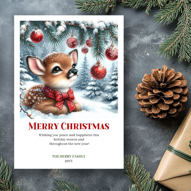 Ljusnande Dovhjort Vattenfärg Snöig Julhälsning  Julkort (Blissful Fawn Watercolor Snowy Christmas Greeting Chris)