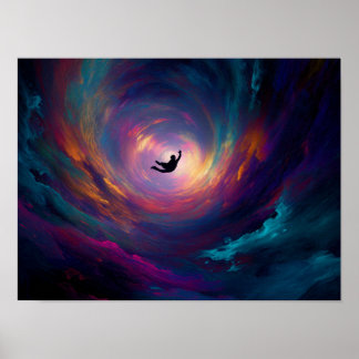 Ljusnande kosmisk virvel med fallande silhuettkons poster