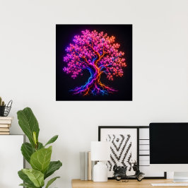 Ljusnande neon-körsbärsblomstrande träd med elektr poster