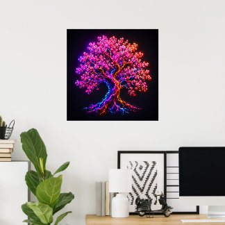 Ljusnande neon-körsbärsblomstrande träd med elektr poster
