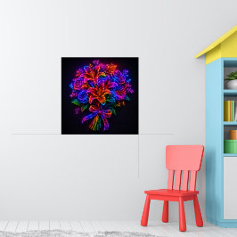 Ljusnande neon regnbågsblomsterbukett vägg poster