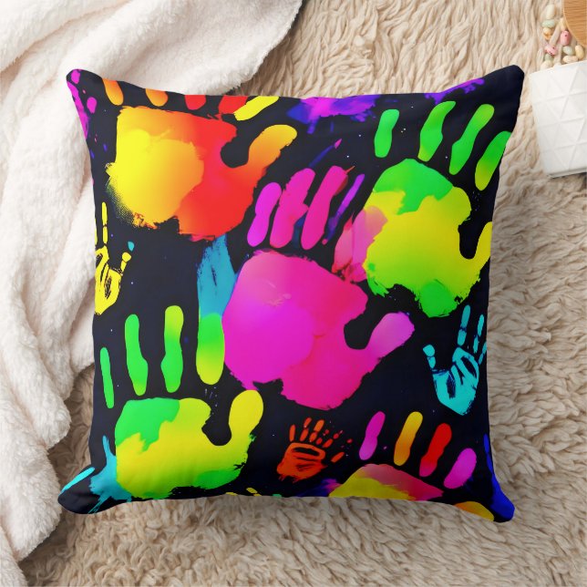 Ljusnande neongrafitti med handavtryck kudde (Filt)