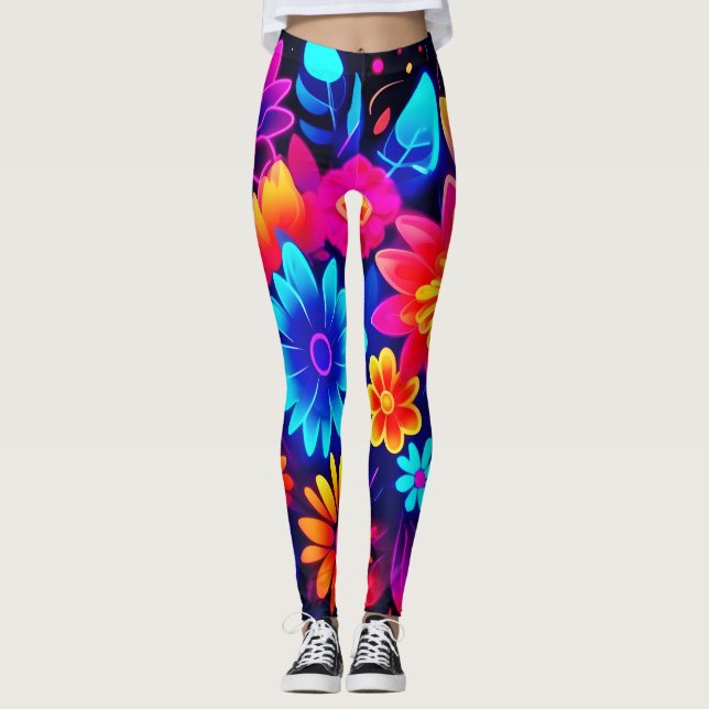 Ljusnande neonsk blomsterkonst leggings (Framsida)