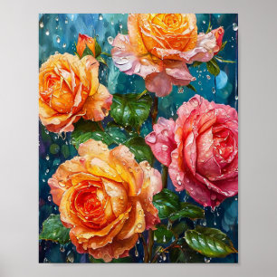 Ljusnande Orange Rosor med Daggdroppar Poster
