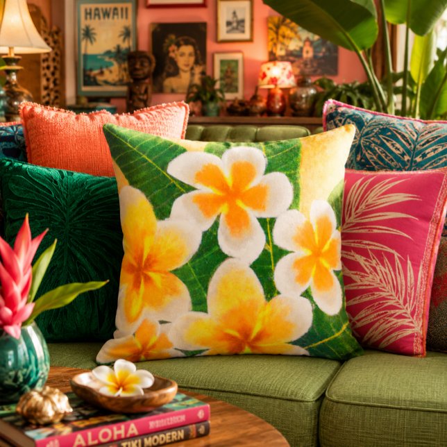Ljusnande Plumeria Blom Målar Färger Grön Gul Kudde (Skapare uppladdad)