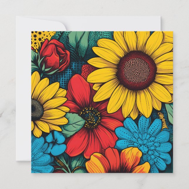 Ljusnande Pop Art Blommig Design med Solrosor Julkort (Framsida)