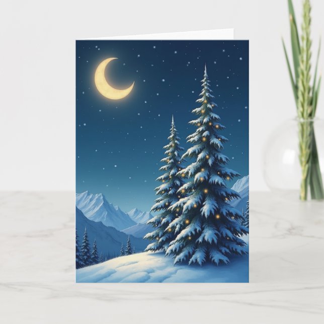 Ljusnande snöig julnattskort kort (Framsida)