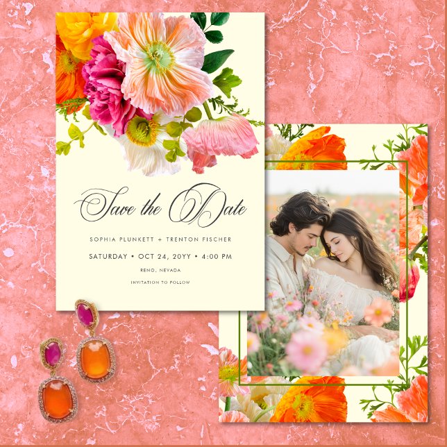 Ljusnande sommarblommor gula orange rosa foto spara datumet (Vibrant Summer Floral Yellow Orange Pink Photo Save The Date)