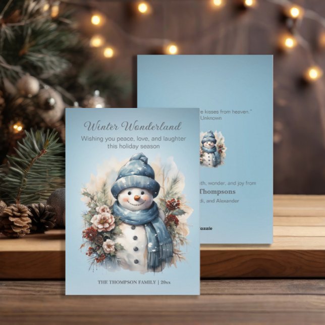 Ljusnande Vintervonderland Snömannen Icisblå  Julkort (Winter Wonderland icy blue snowman Christmas greeting card)