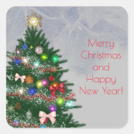 Ljusprydd dekorerad julgran i ledig stil fyrkantigt klistermärke