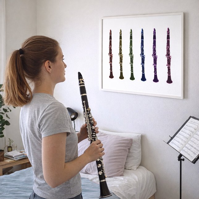 Ljusregnbåge Klarinett Konstorkesterbandmusik Poster (A poster featuring a rainbow lineup of clarinets)