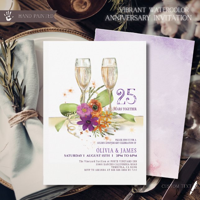 Ljusrik akvarellblomma 25-årsjubileum  inbjudningar (Vibrant Watercolor Floral 25th Anniversary Invitation)