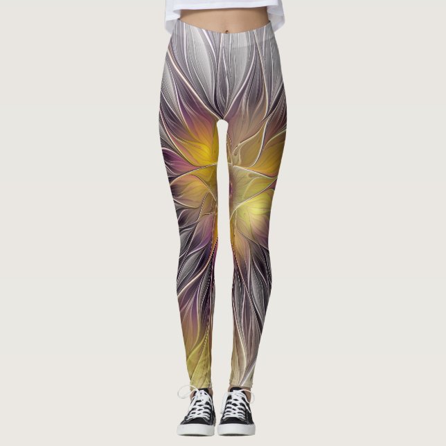 Ljusrik färgrik blomma, abstrakt modern fraktal leggings (Framsida)