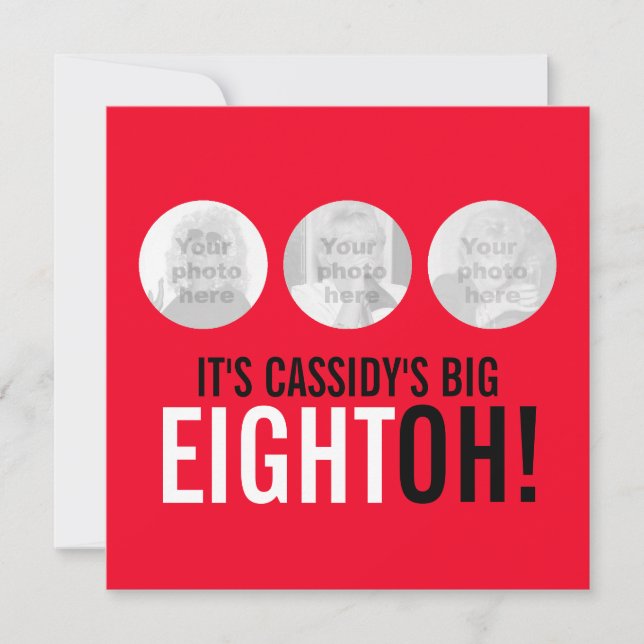 Ljusröd 80:e ÅTTA! fotofödelsedag inbjudan (Framsida)