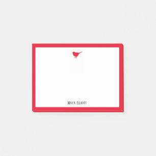 Ljusröd fågel och kant med vitt & namn post-it block