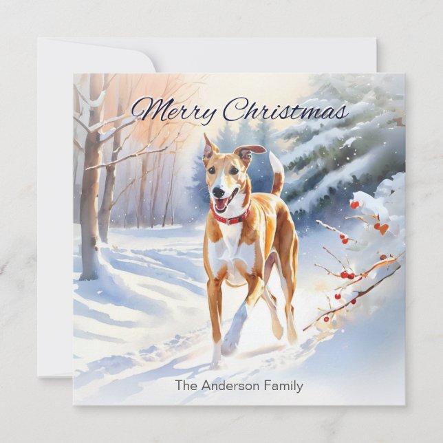 Ljusröd Fawn Greyhound Hund I Snö Jul Julkort (Framsida)