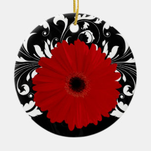 Ljusröd Gerbera-Daisy på svart Julgransprydnad Keramik
