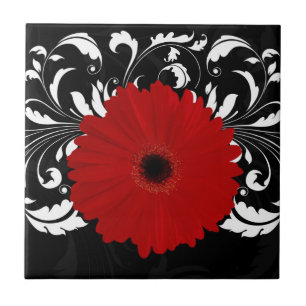 Ljusröd Gerbera-Daisy på svart Kakelplatta
