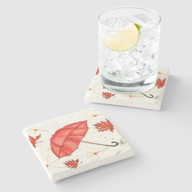 Ljusröd paraply och röd löv vattenfärg stenunderlägg (Sidan)