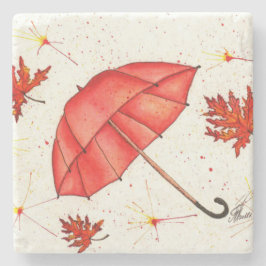 Ljusröd paraply och röd löv vattenfärg stenunderlägg