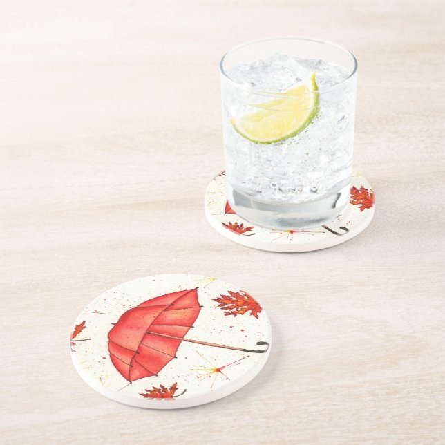 Ljusröd paraply och röd löv vattenfärg underlägg (Sidan)