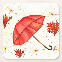 Ljusröd paraply och röd löv vattenfärg underlägg papper kvadrat